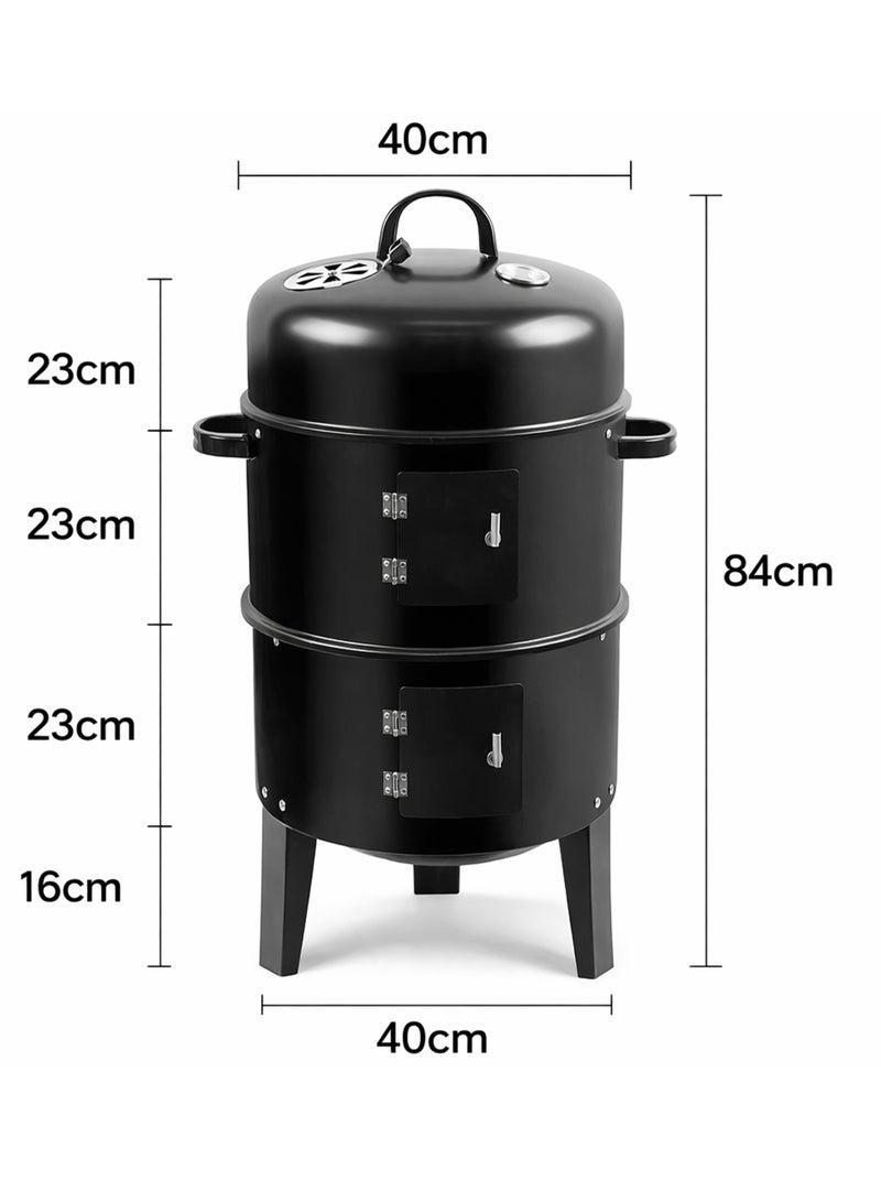 Charcoal Smoker Grill 3 in 1 Vertical BBQ Portable Steel Cooker with Thermometer Adjustable Vent Dual Door 40cm 84cm Black Outdoor Camping Garden Patio Cooking - Image 5