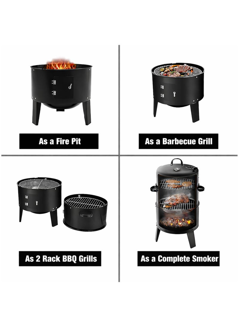 Charcoal Smoker Grill 3 in 1 Vertical BBQ Portable Steel Cooker with Thermometer Adjustable Vent Dual Door 40cm 84cm Black Outdoor Camping Garden Patio Cooking - Image 4