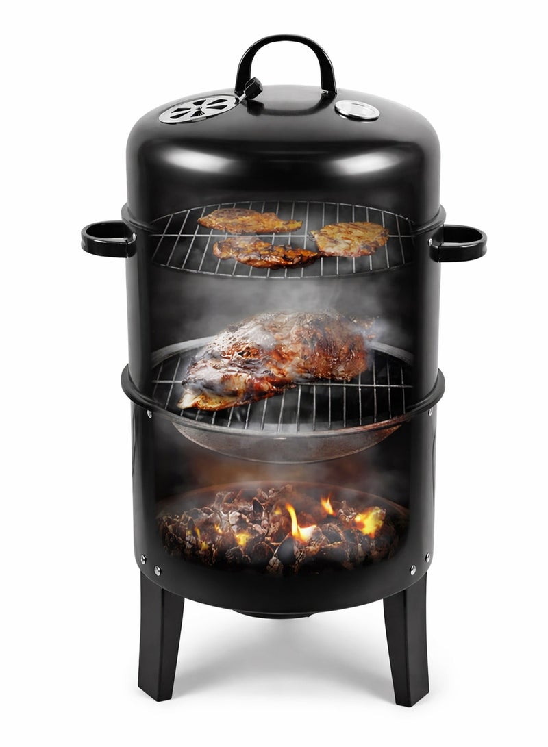 Charcoal Smoker Grill 3 in 1 Vertical BBQ Portable Steel Cooker with Thermometer Adjustable Vent Dual Door 40cm 84cm Black Outdoor Camping Garden Patio Cooking - Image 1