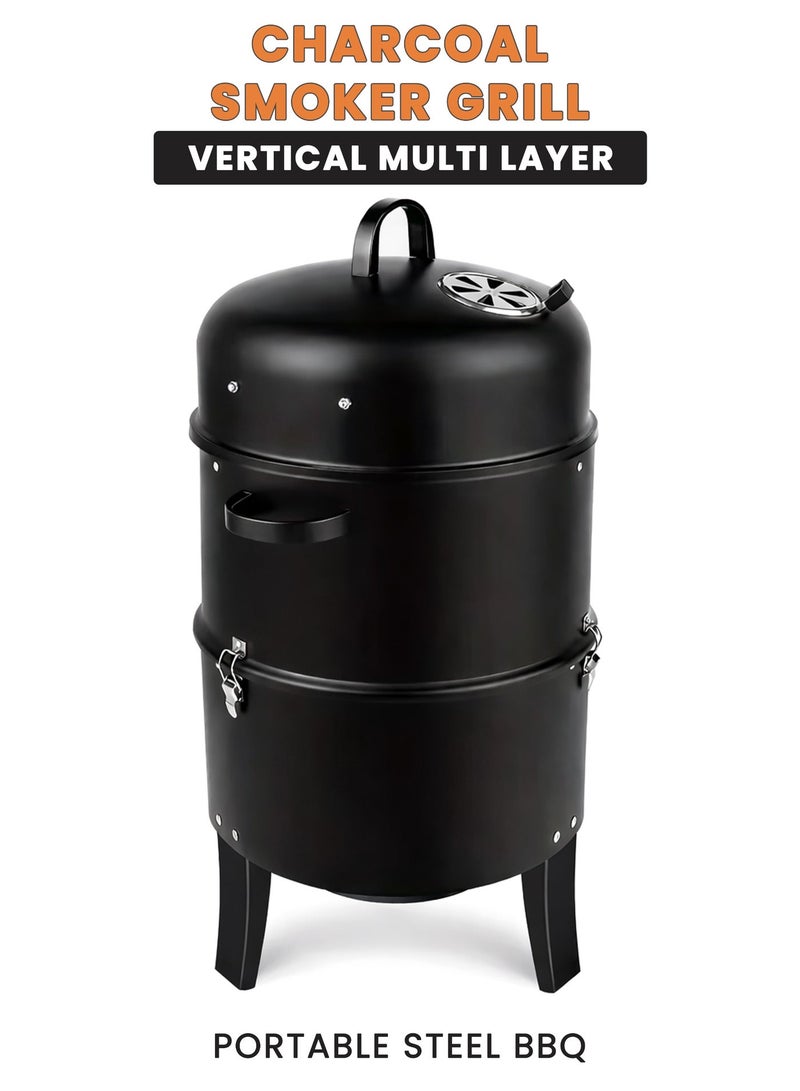 Charcoal Smoker Grill 3 in 1 Vertical BBQ Portable Steel Cooker with Thermometer Adjustable Vent Dual Door 40cm 84cm Black Outdoor Camping Garden Patio Cooking - Image 2