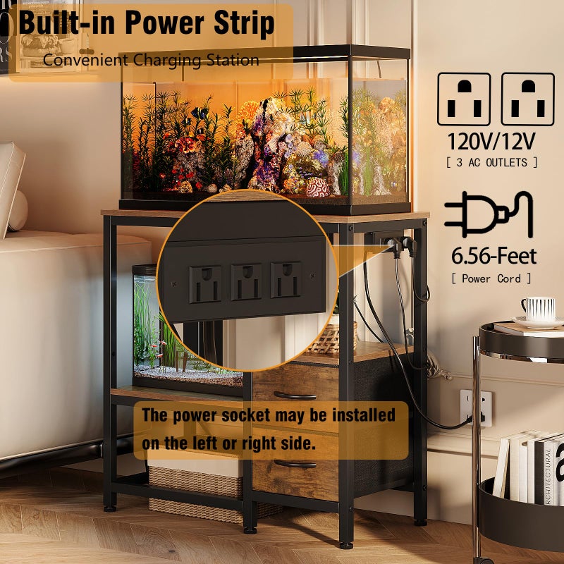 Welfuturer 20-29 Gallon Fish Tank Stand with Power Outlet Vintage Metal Aquarium Stand with 2 Fabric Drawers Heavy Duty Reptile Tank Stand with 3-Tier Adjustable Storage Shelves, Left-Right Mounting - Image 2