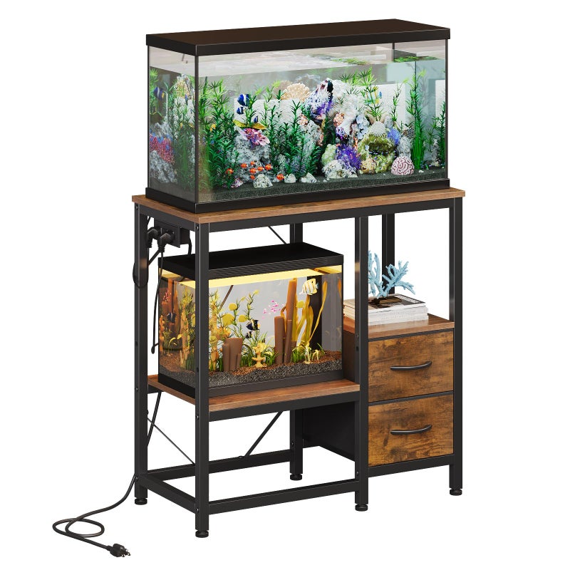 Welfuturer 20-29 Gallon Fish Tank Stand with Power Outlet Vintage Metal Aquarium Stand with 2 Fabric Drawers Heavy Duty Reptile Tank Stand with 3-Tier Adjustable Storage Shelves, Left-Right Mounting - Image 1