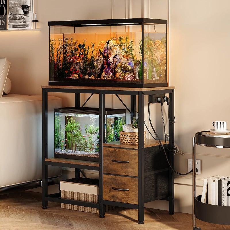Welfuturer 20-29 Gallon Fish Tank Stand with Power Outlet Vintage Metal Aquarium Stand with 2 Fabric Drawers Heavy Duty Reptile Tank Stand with 3-Tier Adjustable Storage Shelves, Left-Right Mounting - Image 4