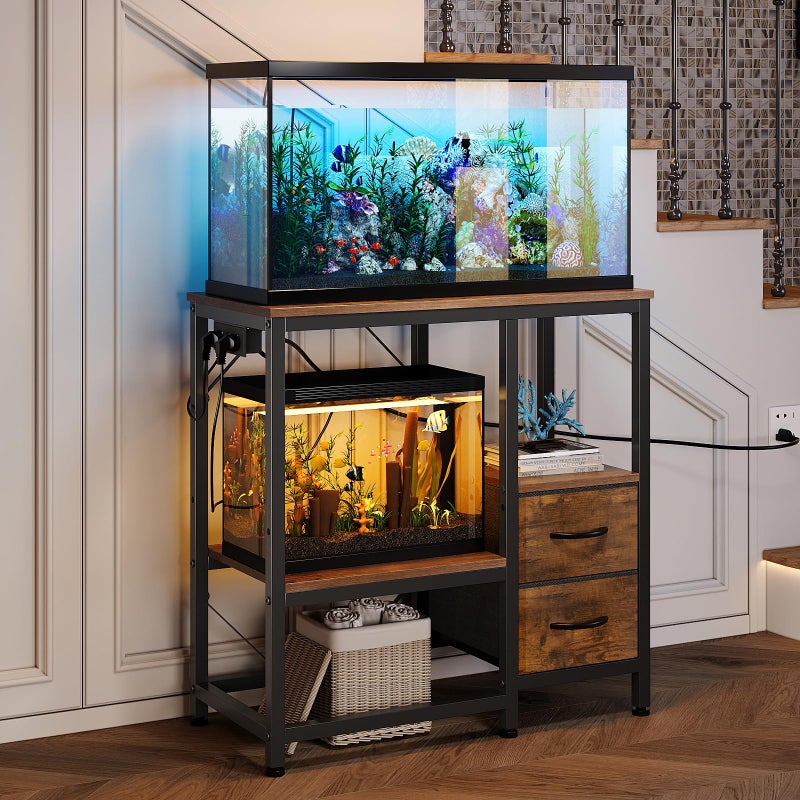 Welfuturer 20-29 Gallon Fish Tank Stand with Power Outlet Vintage Metal Aquarium Stand with 2 Fabric Drawers Heavy Duty Reptile Tank Stand with 3-Tier Adjustable Storage Shelves, Left-Right Mounting - Image 5
