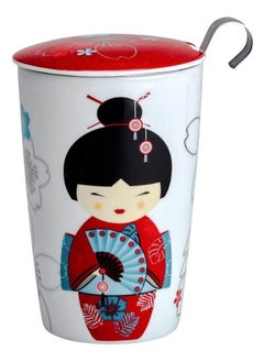 Heat Resistant Double-wall Porcelain Teaeve Little Geisha Red Mug Teacup with Infuser and Lid for Steeping Loose Leaf Tea (0.35L)