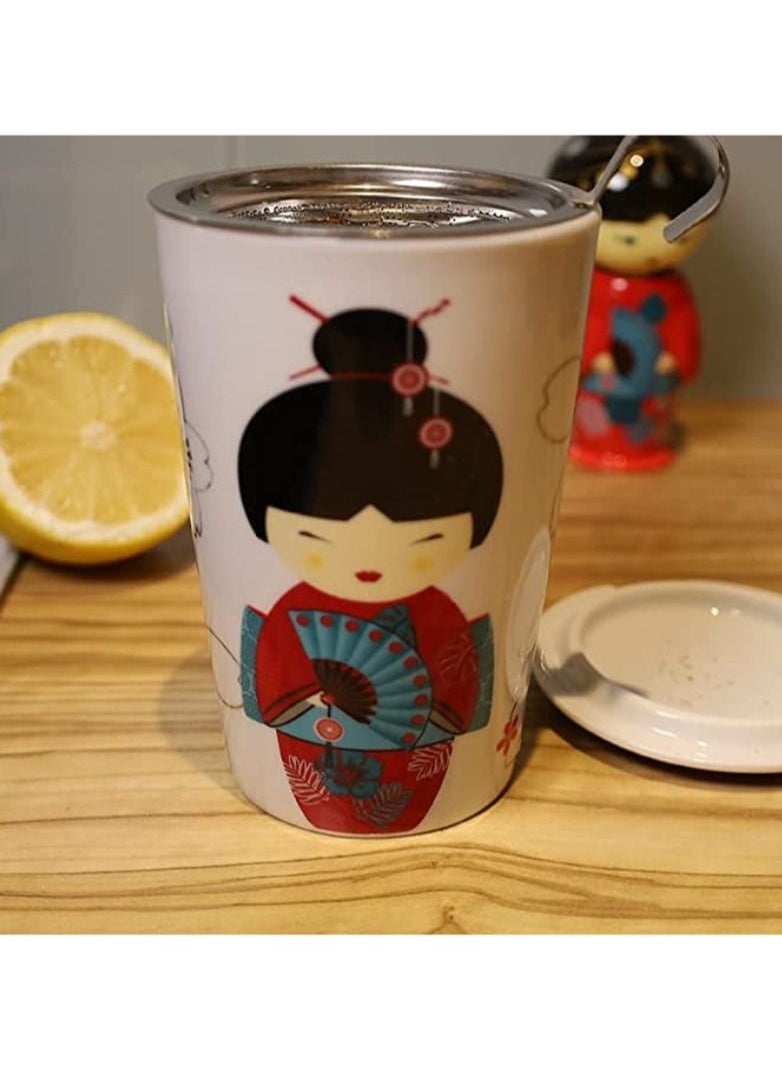 Tealand - Heat Resistant Double-wall Porcelain Teaeve Little Geisha Red Mug Teacup with Infuser and Lid for Steeping Loose Leaf Tea (0.35L) - Image 1
