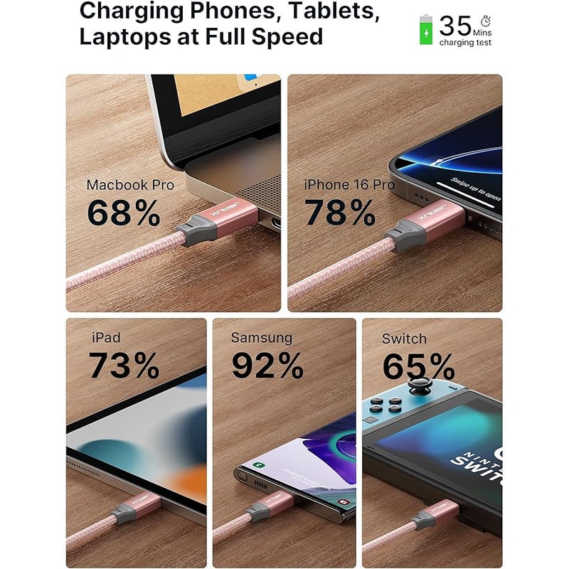 USB C إلى USB C 60W Cable ، JSAUX【2 حزمة 7 أقدام】 USB نوع C كابل شاحن متوافق مع Samsung Galaxy S20+ Note 20 Ultra Note 10+، MacBook Air/Pro 13''، iPad Pro 2020/2018، Pixel 2/3/4 XL، إلخ - وردي - Image 3
