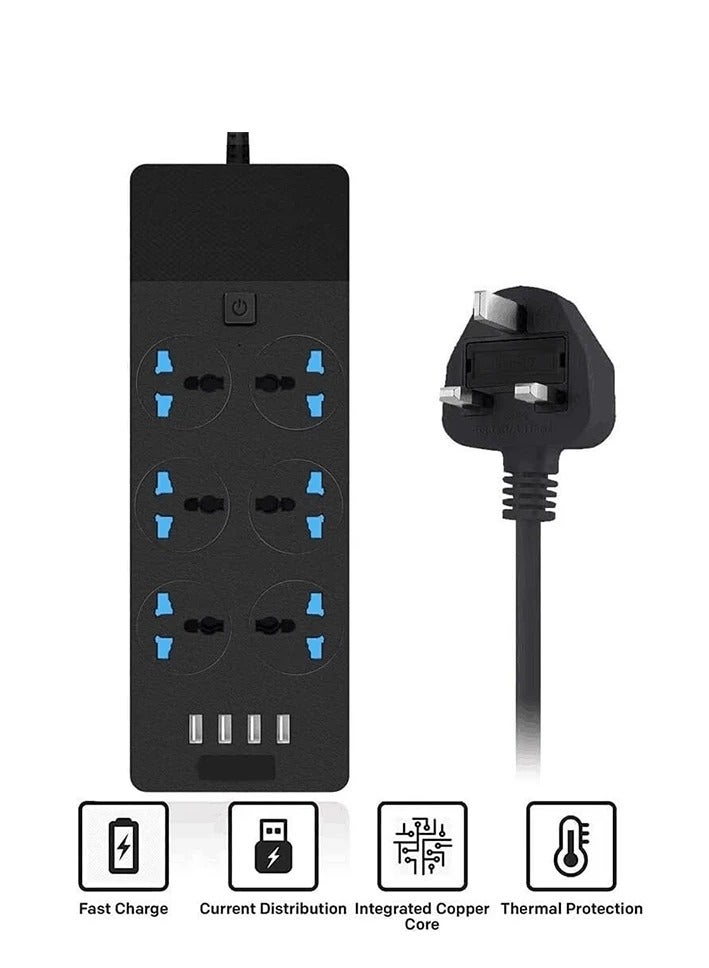 HOMESTAR Power Strips Extension Cord 6 Outlets, Universal Plug Adapter With 4 Usb Ports Surge Protector, Charging Socket 2M Bold (Black) - Image 3