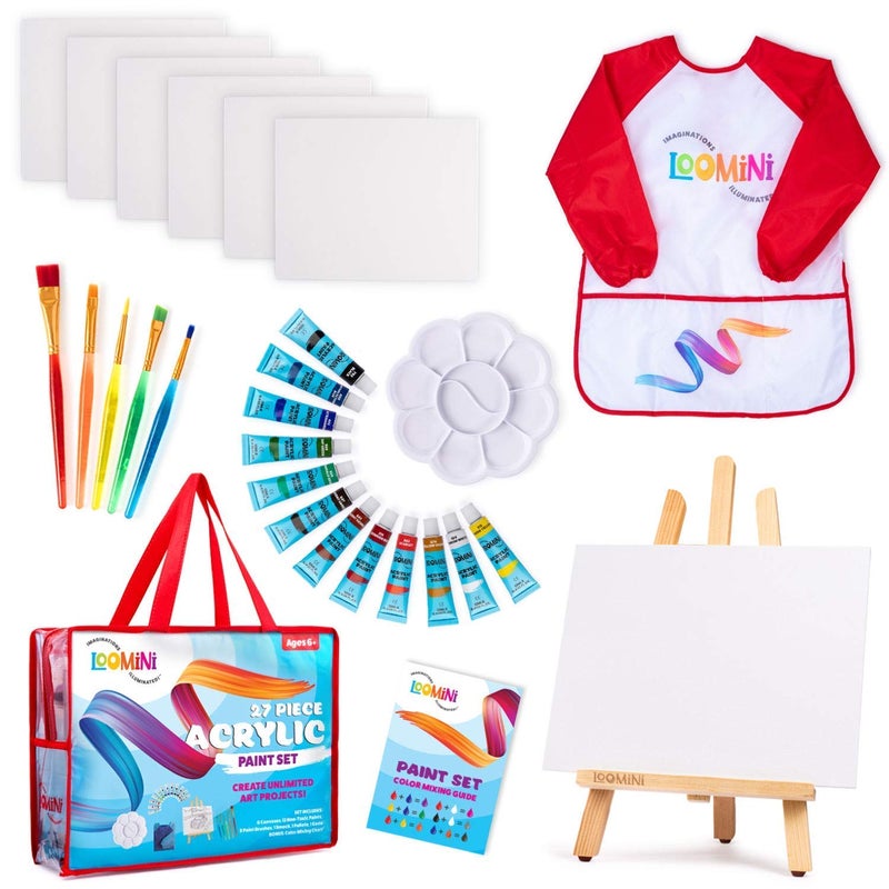 LOOMINI Kids Acrylic Paint Set  Premium Art Kit for Boys  Girls  27Piece Painting Set with Acrylic Paints Canvas Brushes Waterproof Smock  Wood Easel  Portable Art Set for Littler Painters 