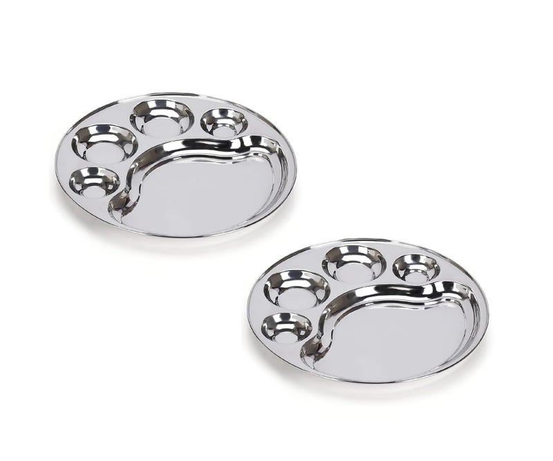 MESHIV Stainless Steel Round Plate 4 Partition Divided LunchDinnerBhojanThali Plates Diameter 125 Inches Set of 2 Silver - Image 1