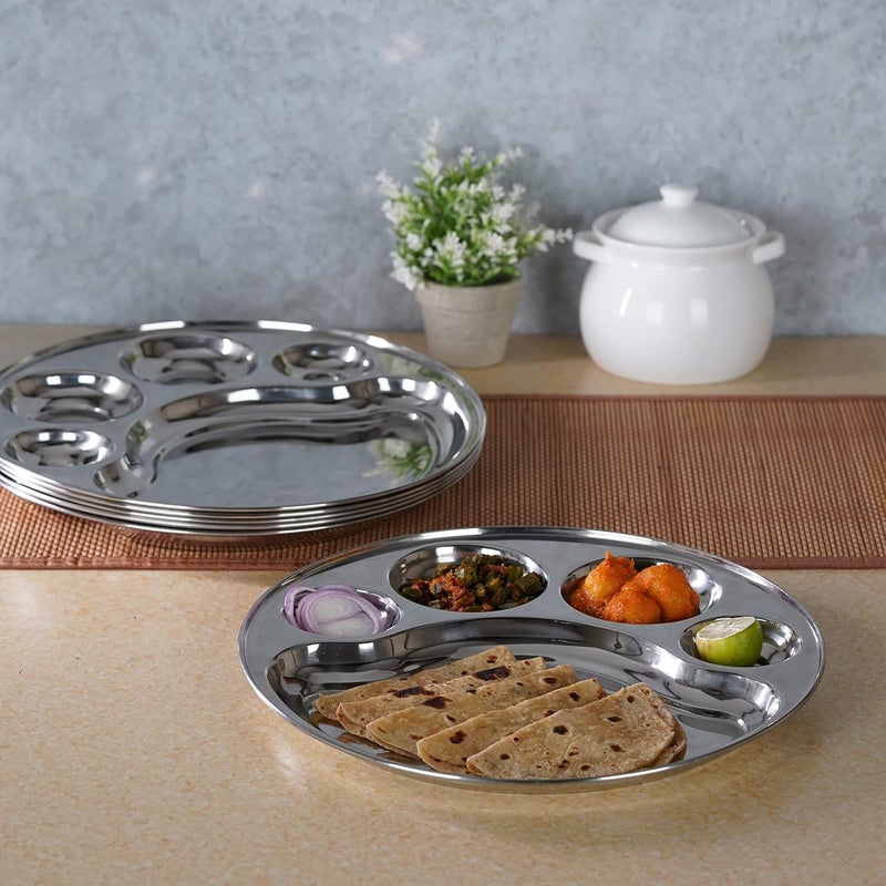 MESHIV Stainless Steel Round Plate 4 Partition Divided LunchDinnerBhojanThali Plates Diameter 125 Inches Set of 2 Silver - Image 2