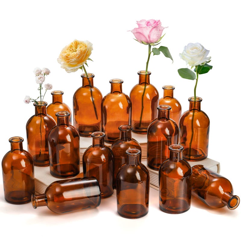 YOUEON 16 Pack Amber Glass Bud Vases, Small Bud Vases in Bulk, Glass Flower Vases for Centerpieces, Vintage Decorative Bottle Vases for Flowers, Home Decor, Wedding Reception, Office - Image 1