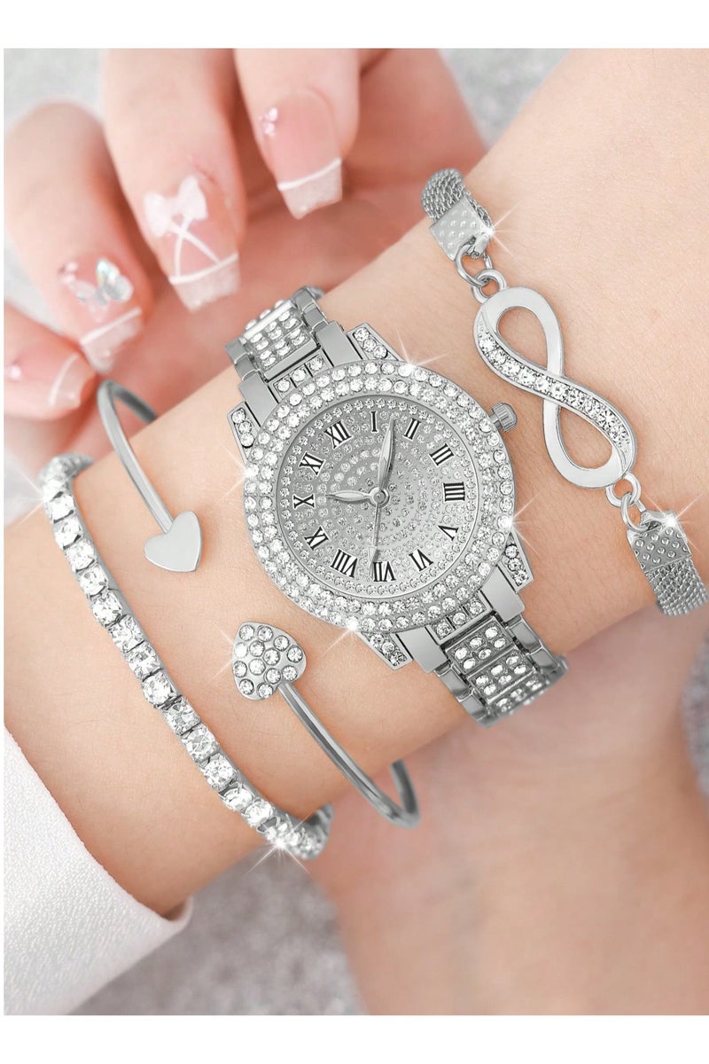 Women's accessory set consisting of 4 pieces, includes a watch and 3 silver-colored bracelets. The set is adorned with sparkling rhinestones, making it suitable as a gift for graduations, birthdays, Valentine's Day, engagements, and all special occasions  - Image 1