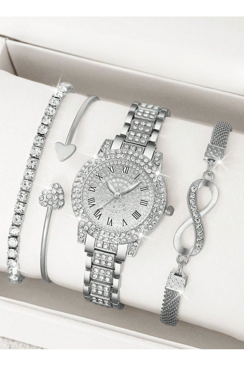 Women's accessory set consisting of 4 pieces, includes a watch and 3 silver-colored bracelets. The set is adorned with sparkling rhinestones, making it suitable as a gift for graduations, birthdays, Valentine's Day, engagements, and all special occasions  - Image 2
