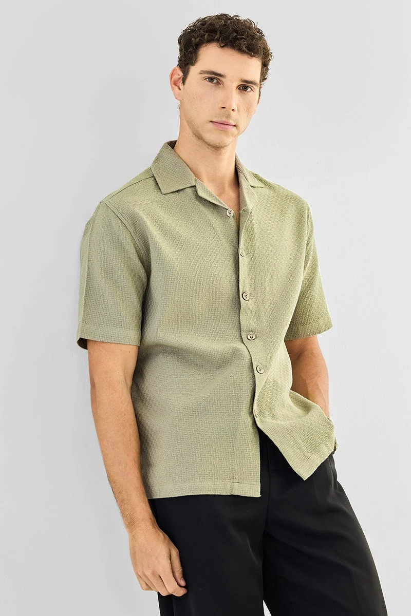 سنيتش Olive Textured Half Sleeve Boxy Shirt