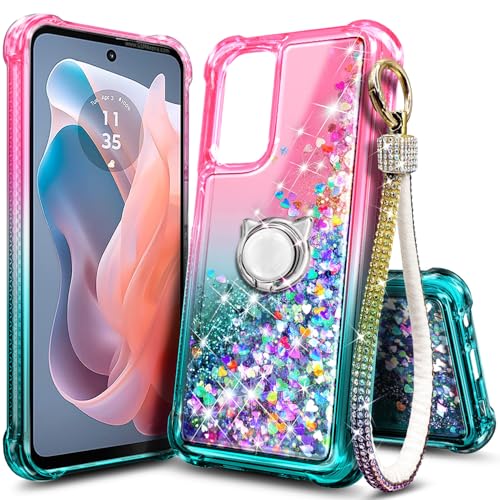 WDHD Compatible with Samsung Galaxy A36-5G Phone Case Pink/Aqua | Bling Sparkly Glitter Floating Liquid Waterfall Cute Cover for Women Girls Kids with Ring Holder Grip Diamond Wrist Strap Lanyard - Image 1