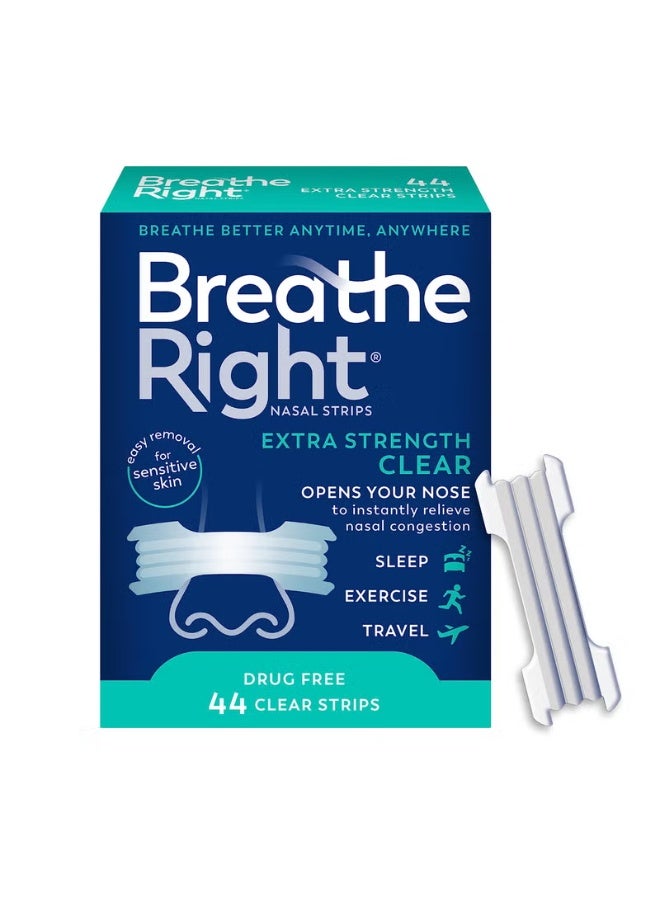 بريث رايت شرائط بريث رايت الأنفية فائقة القوة، شفافة للبشرة الحساسة | حلٌّ خالٍ من الأدوية للشخير | تخفيف احتقان الأنف الناتج عن نزلات البرد والحساسية | 44 شريطًا | قد يختلف شكل العبوة - Image 1