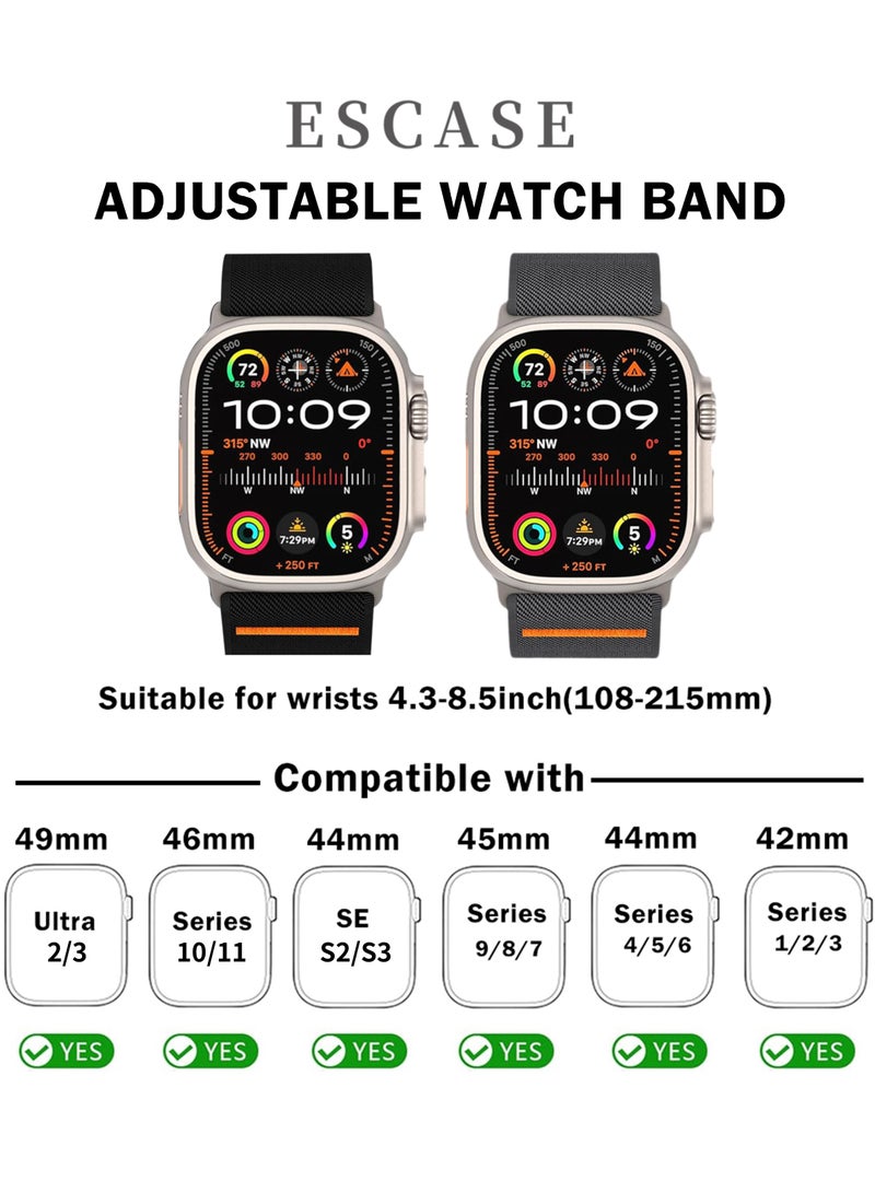 ESCASE 2-Piece Lightweight Contoured Ultra-Stretch Nylon Strap with Natural Titanium Metal Replacement Set Compatible with Apple Watch Strap Sizes: 42mm/44mm/45mm/46mm/49mm Fits Apple Watch Ultra/Ultra 2/Ultra 3, Series 11/10/9/8/SE/7/6/5/4/3/2/1 and other models, Black/Grey - Image 3