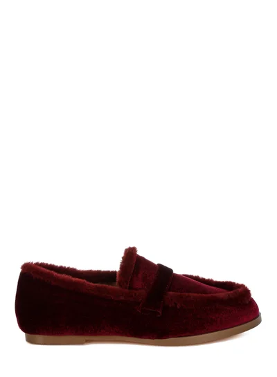 London Rag Fur Detail Velvet Loafers in Burgundy