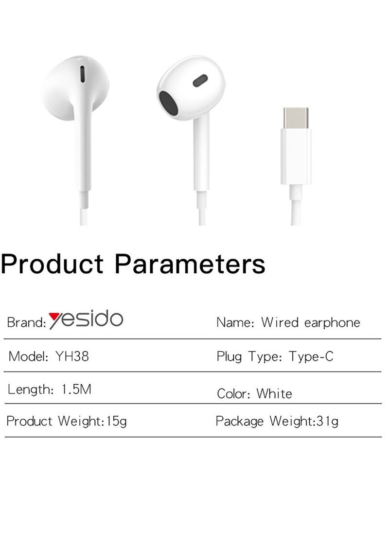 Yesido YH38 Type-C Wired Earphones with Microphone – High Quality Stereo Sound Headset for Smartphones, USB-C Earbuds with In-Line Controls for Music & Calls – White  - Image 5
