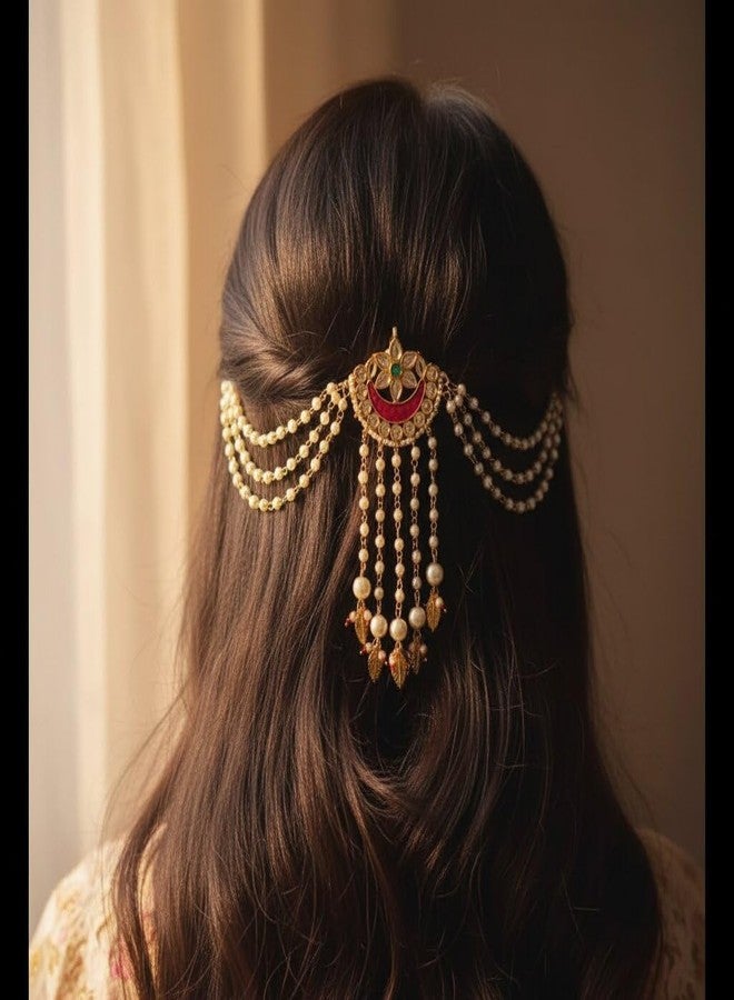 DORMITORRY Bridal Hair Accessories Kundan Pearl Matha Patti for Women Gold Plated Maang Tikka Headpiece Indian Wedding Hair Jewelry Beauty Hair Accessory for Bride Festive Party - 1 Pc - Image 5
