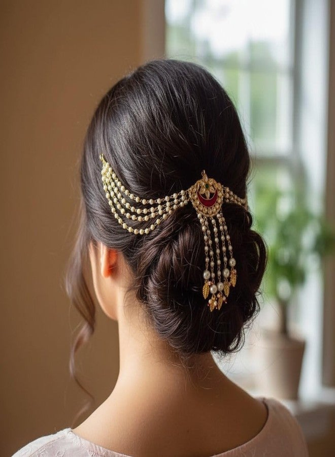DORMITORRY Bridal Hair Accessories Kundan Pearl Matha Patti for Women Gold Plated Maang Tikka Headpiece Indian Wedding Hair Jewelry Beauty Hair Accessory for Bride Festive Party - 1 Pc - Image 3