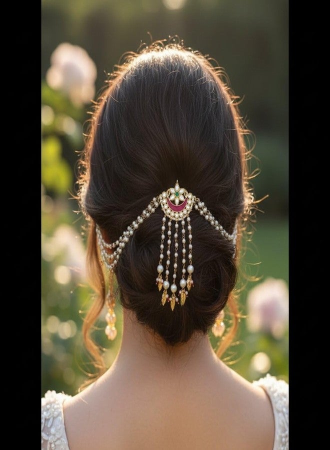 DORMITORRY Bridal Hair Accessories Kundan Pearl Matha Patti for Women Gold Plated Maang Tikka Headpiece Indian Wedding Hair Jewelry Beauty Hair Accessory for Bride Festive Party - 1 Pc - Image 2