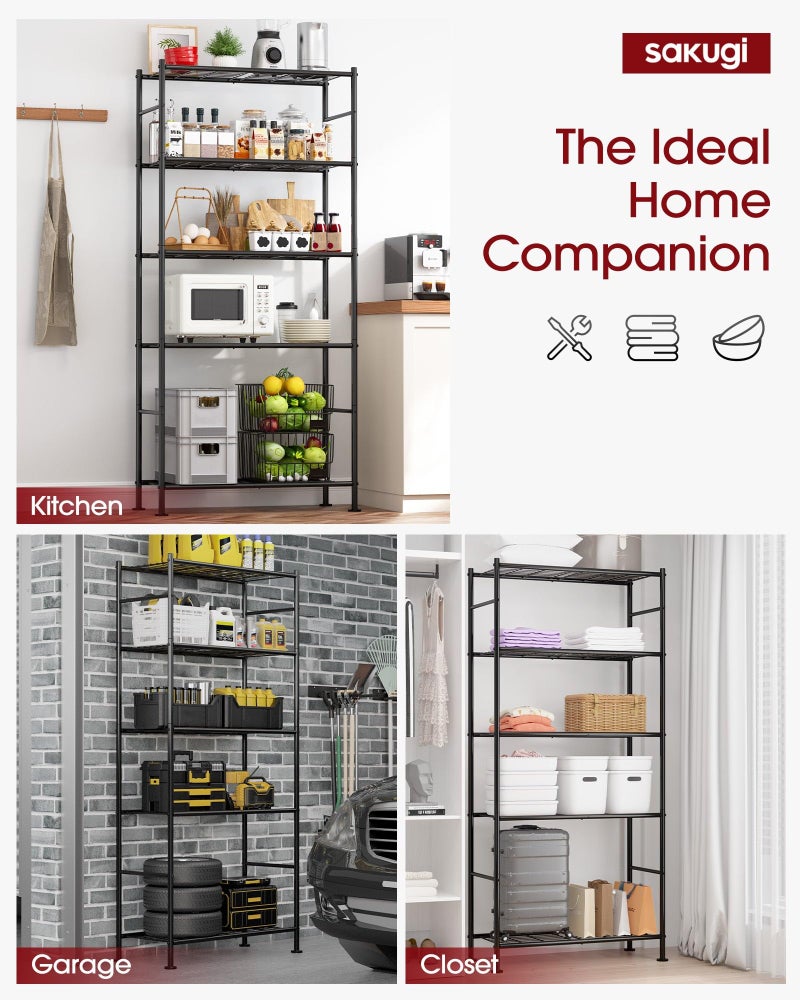 Sakugi Storage Shelves - 5 Tier Shelf Organizer, Heavy Duty Garage Shelving Unit with Leveling Feet, Stable Metal Shelves Organizer for Pantry, Kitchen and Closet, 33.0" W x 12.6" D x 72.0" H, Black - Image 2