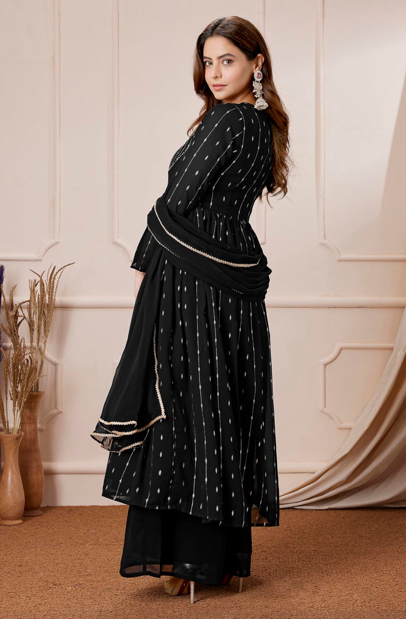 Janasya Women's Black Georgette Foil Printed Anarkali Kurta With Palazzo Set - Image 3