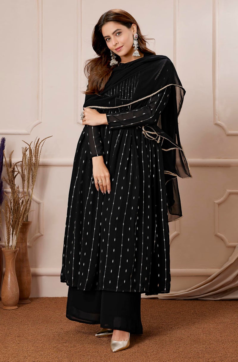 Janasya Women's Black Georgette Foil Printed Anarkali Kurta With Palazzo Set - Image 5
