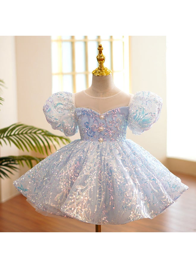 Girls' Dress Blue Sequined High-end Tutu Skirt Piano Performance Costume Kidsren's Host One-year-old Little Princess