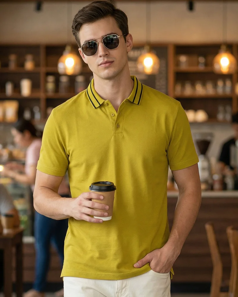 بيواكوف Men's Avocado Oil Yellow Textured Polo T-shirt