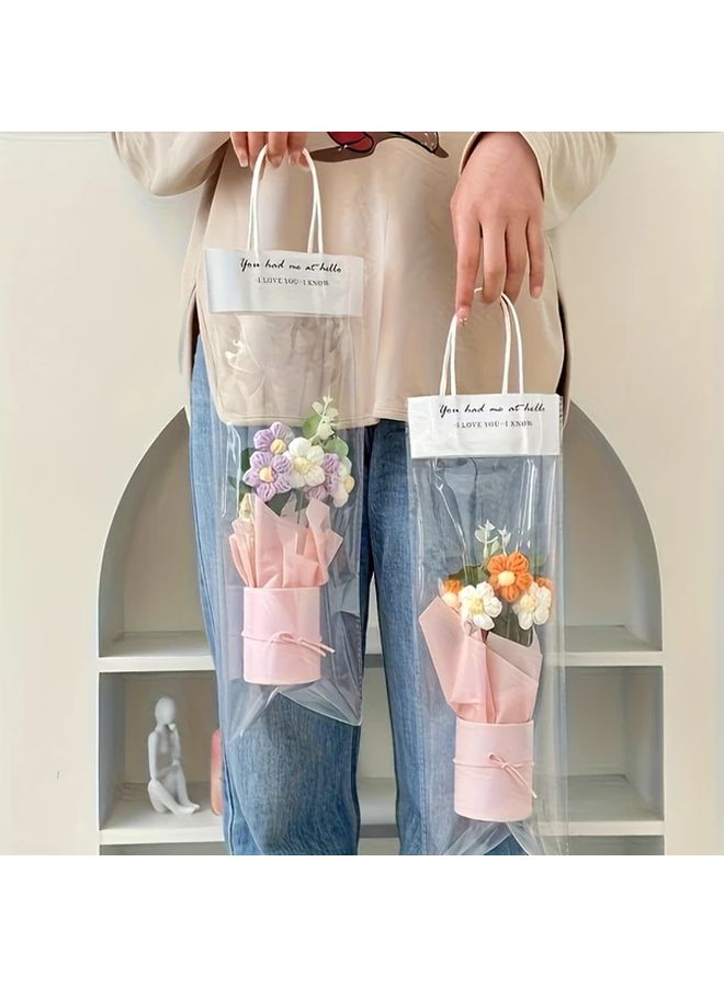 مجموعة هدايا باقة الكروشيه البرتقالية مع إناء 5 أزهار ورق قماشي وشريط لأم عيد الحب عيد الميلاد - Image 5