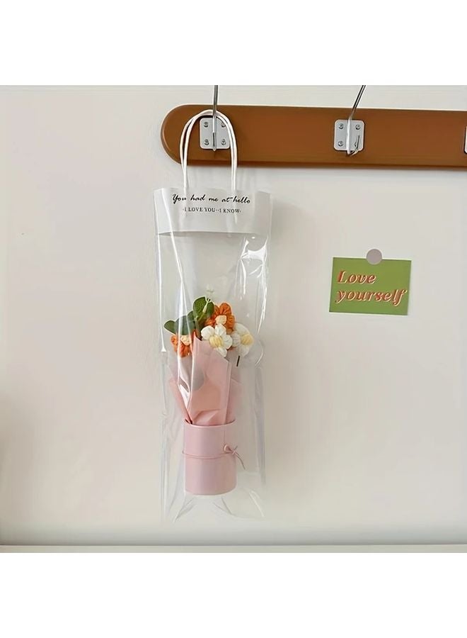 مجموعة هدايا باقة الكروشيه البرتقالية مع إناء 5 أزهار ورق قماشي وشريط لأم عيد الحب عيد الميلاد - Image 1