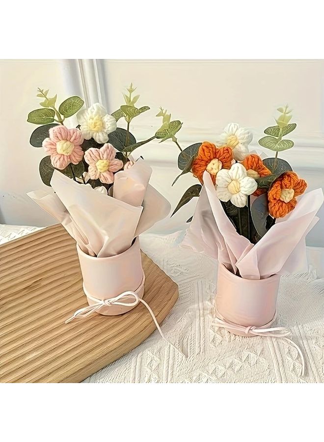 مجموعة هدايا باقة الكروشيه البرتقالية مع إناء 5 أزهار ورق قماشي وشريط لأم عيد الحب عيد الميلاد - Image 3