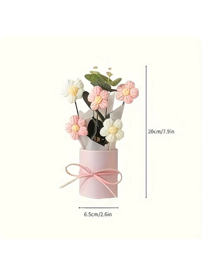 مجموعة هدايا باقة الكروشيه البرتقالية مع إناء 5 أزهار ورق قماشي وشريط لأم عيد الحب عيد الميلاد - Image 4