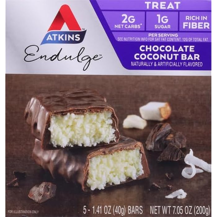 Atkins شريط الشوكولاتة بجوز الهند من أتكينز إندولج، المفضل للحلويات، عالي الألياف، 1 جرام سكر، 5 قطع - Image 2