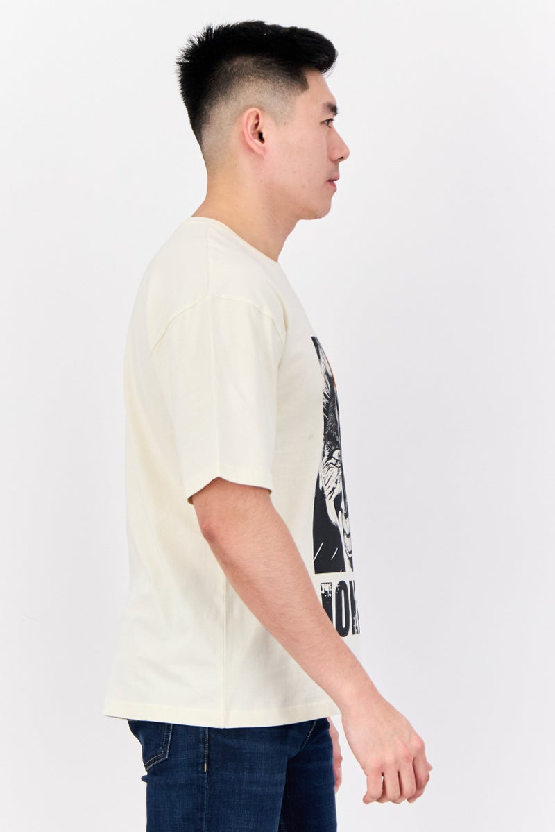 Men Crew Neck Short Sleeves Graphic Print T-Shirt, Cream