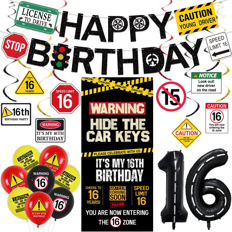 Roetyce 16th Birthday Decorations Boys Girls, Hide The Car Keys Happy 16th Birthday Banner Backdrop Balloons Hanging Swirls, Caution Logo Themed 16 Years Old Party Yard Door Wall Cover Background - Image 1