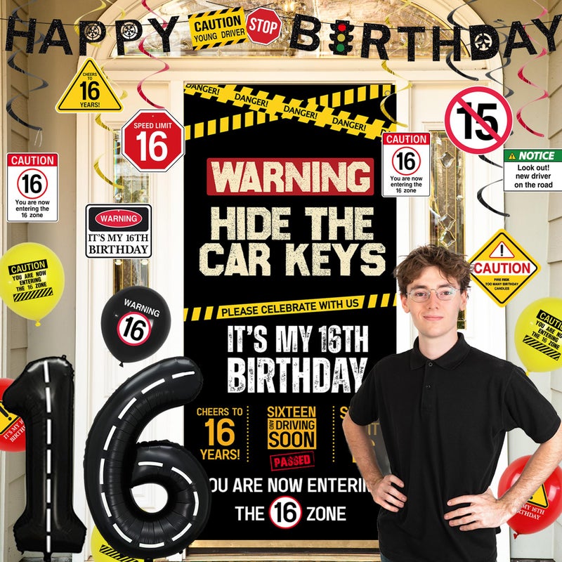 Roetyce 16th Birthday Decorations Boys Girls, Hide The Car Keys Happy 16th Birthday Banner Backdrop Balloons Hanging Swirls, Caution Logo Themed 16 Years Old Party Yard Door Wall Cover Background - Image 3