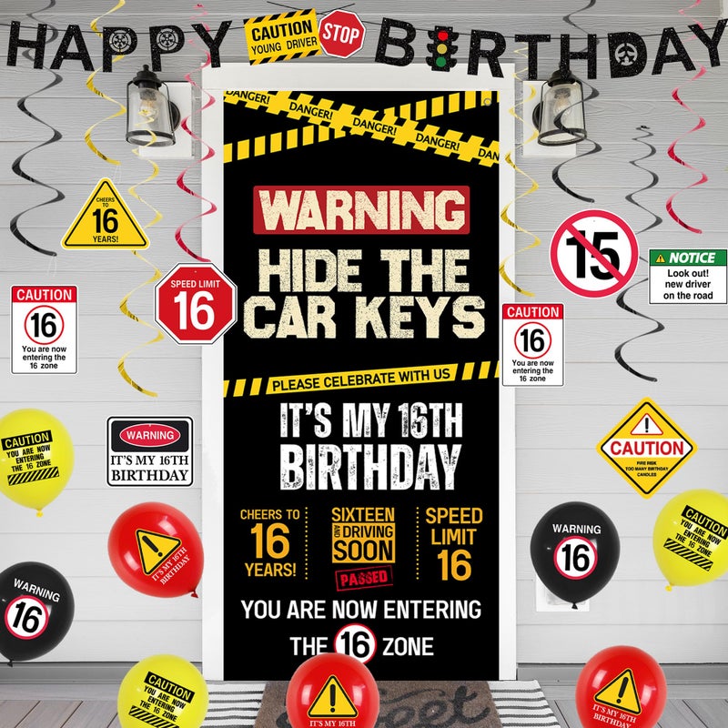 Roetyce 16th Birthday Decorations Boys Girls, Hide The Car Keys Happy 16th Birthday Banner Backdrop Balloons Hanging Swirls, Caution Logo Themed 16 Years Old Party Yard Door Wall Cover Background - Image 4