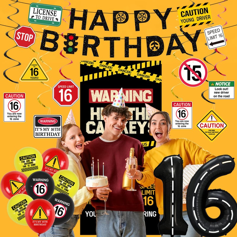 Roetyce 16th Birthday Decorations Boys Girls, Hide The Car Keys Happy 16th Birthday Banner Backdrop Balloons Hanging Swirls, Caution Logo Themed 16 Years Old Party Yard Door Wall Cover Background - Image 5