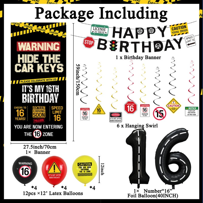Roetyce 16th Birthday Decorations Boys Girls, Hide The Car Keys Happy 16th Birthday Banner Backdrop Balloons Hanging Swirls, Caution Logo Themed 16 Years Old Party Yard Door Wall Cover Background - Image 2