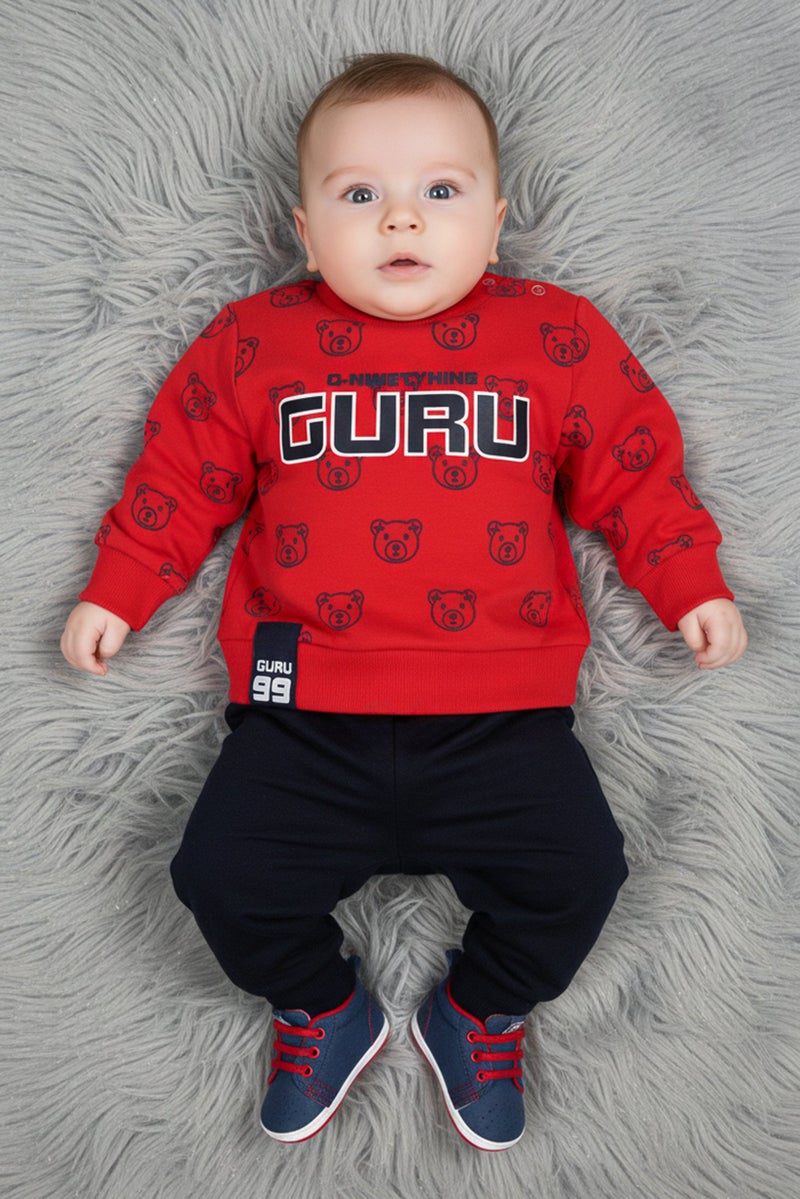Guru 99 طقم تي شيرت بولو للأولاد من قطعتين بشعار العلامة التجارية مع بنطال، متعدد الألوان - Image 1