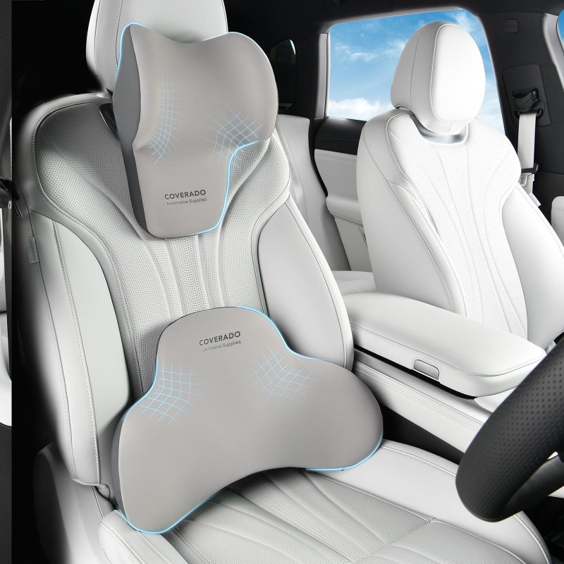 Coverado Lumbar Support and Headrest Pillow for Car Memory Foam Ergonomic Head Neck Support Pillow for Driving Seat Back Support and Pain Relief Seat Cushion for Car Driver Office