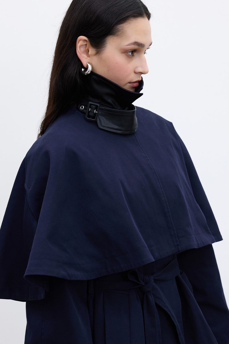 Manuka Cape Detail Trench Coat Navy Blue  - Image 3