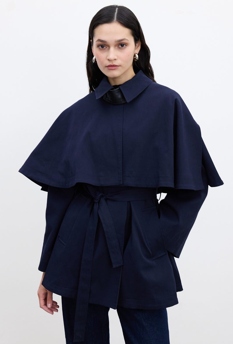 Manuka Cape Detail Trench Coat Navy Blue  - Image 2
