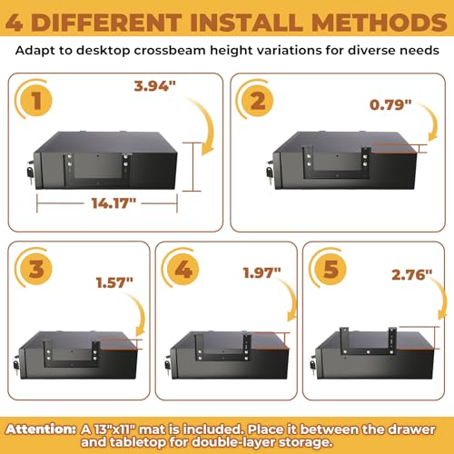 POPMOON 14 in Deep Under Desk Drawer,Pull Out Storage Organizer with Lock and Keys,Adjustable Height, Metal Storage Drawer with Slide Extension Mounted Under Flat Wooden Table or Workbench - Image 5