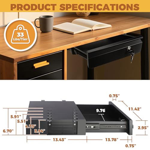POPMOON 14 in Deep Under Desk Drawer,Pull Out Storage Organizer with Lock and Keys,Adjustable Height, Metal Storage Drawer with Slide Extension Mounted Under Flat Wooden Table or Workbench - Image 2