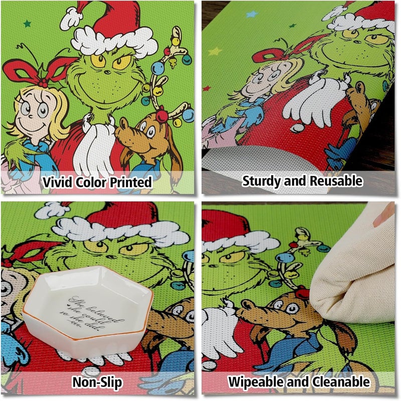 DAZONGE Set of 6 Christmas Table Placemats Green Xmas Placemats for Dining Table Decor Washable Table Mats for Christmas Holiday Home Kitchen Decor - Image 3